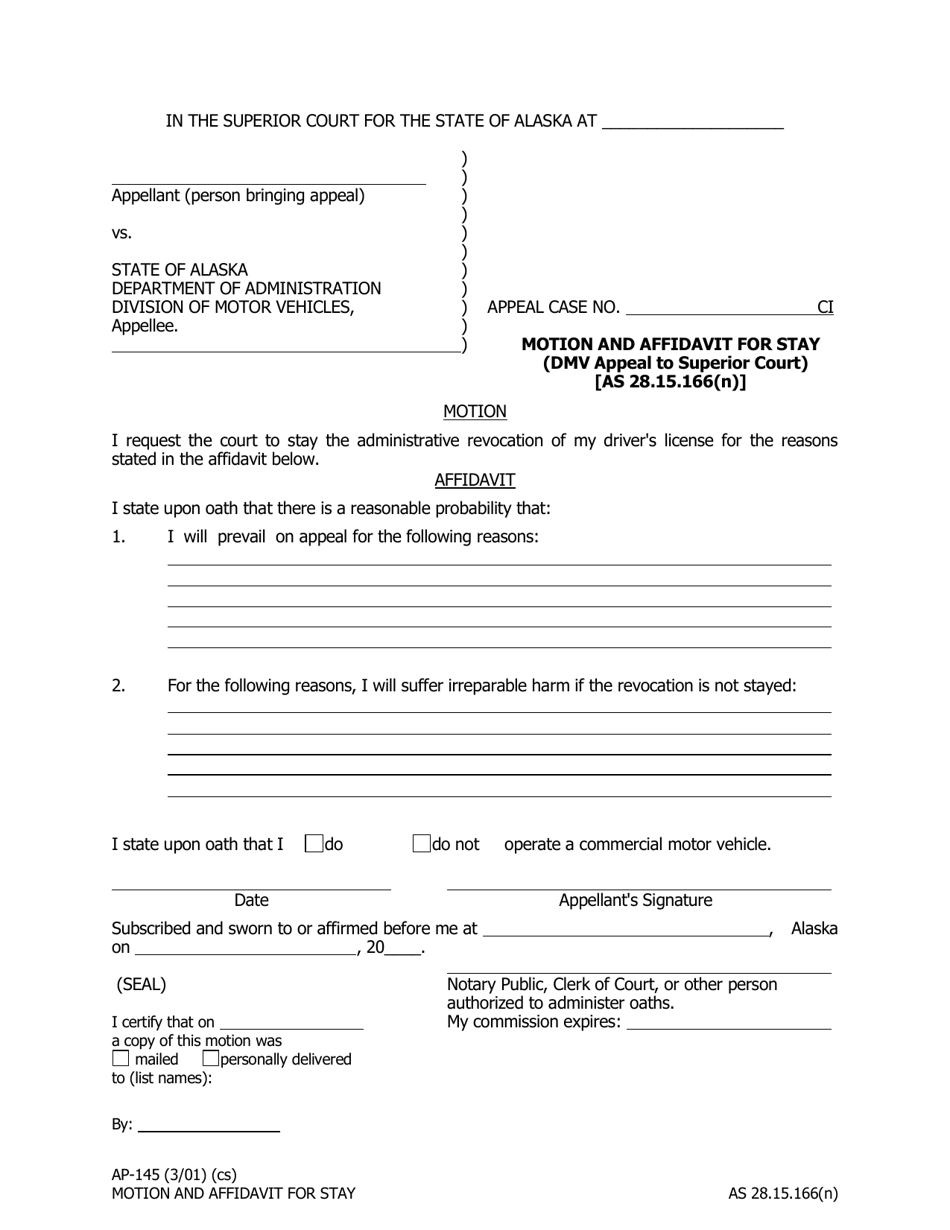 Form AP-145 Motion and Affidavit for Stay (DMV Appeal to Superior Court) - Alaska, Page 1