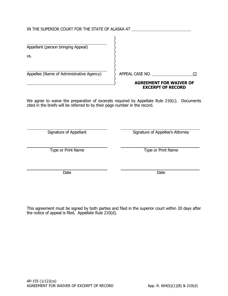 Form AP-155 Agreement for Waiver of Excerpt of Record - Alaska, Page 1