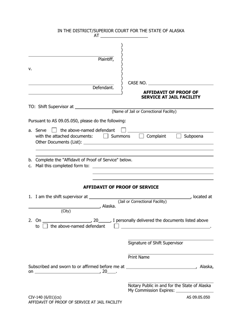 Form CIV-140 Affidavit of Proof of Service at Jail Facility - Alaska
