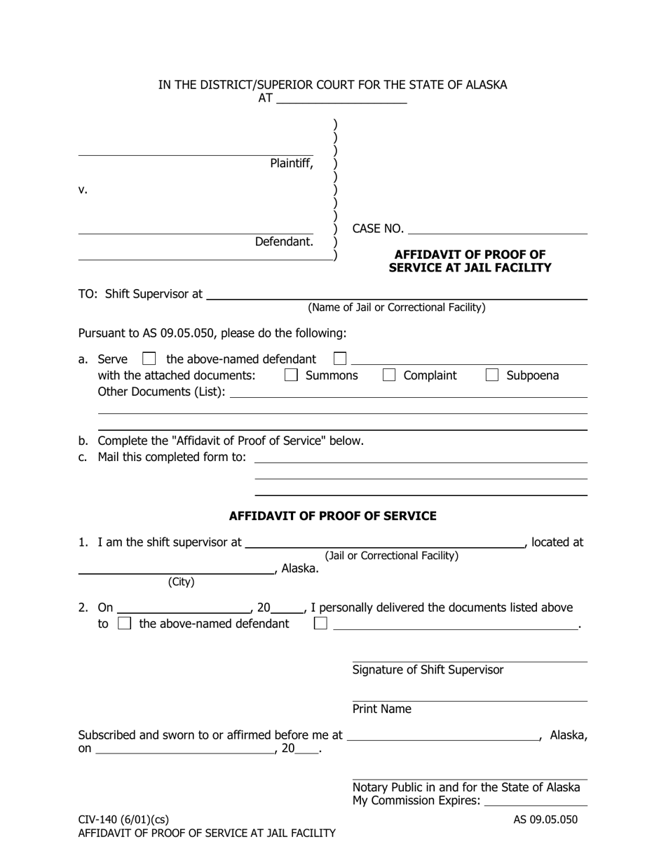 Form CIV-140 Affidavit of Proof of Service at Jail Facility - Alaska, Page 1