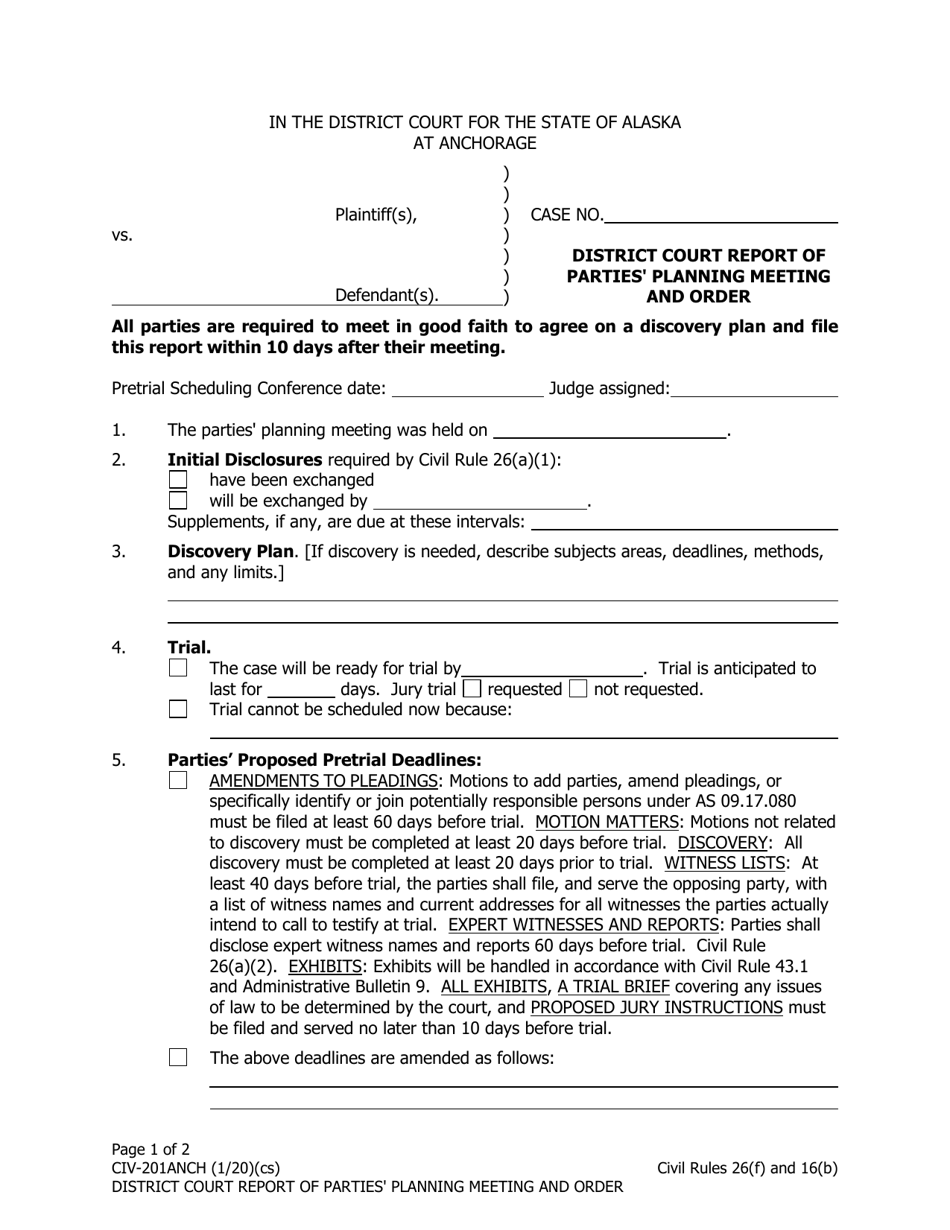 Form CIV-201 ANCH District Court Report of Parties Planning Meeting and Order - Municipality of Anchorage, Alaska, Page 1