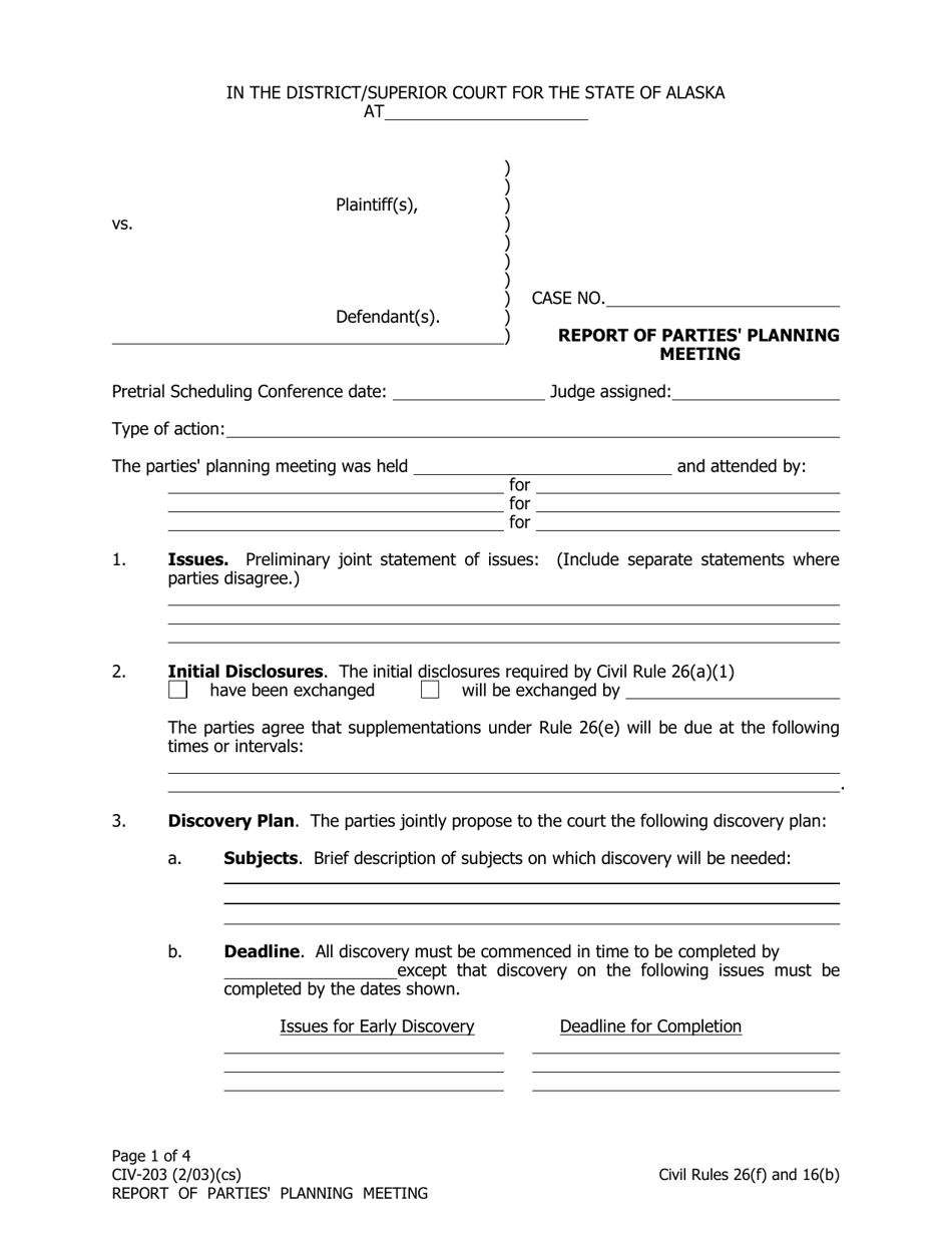 Form CIV-203 Report of Parties Planning Meeting - Alaska, Page 1