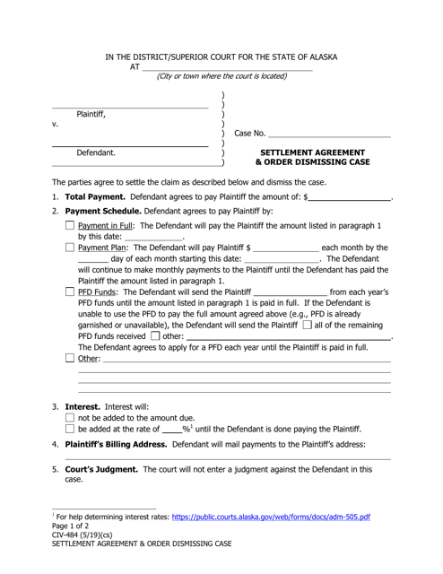 Form CIV-484 Settlement Agreement and Order Dismissing Case - Alaska