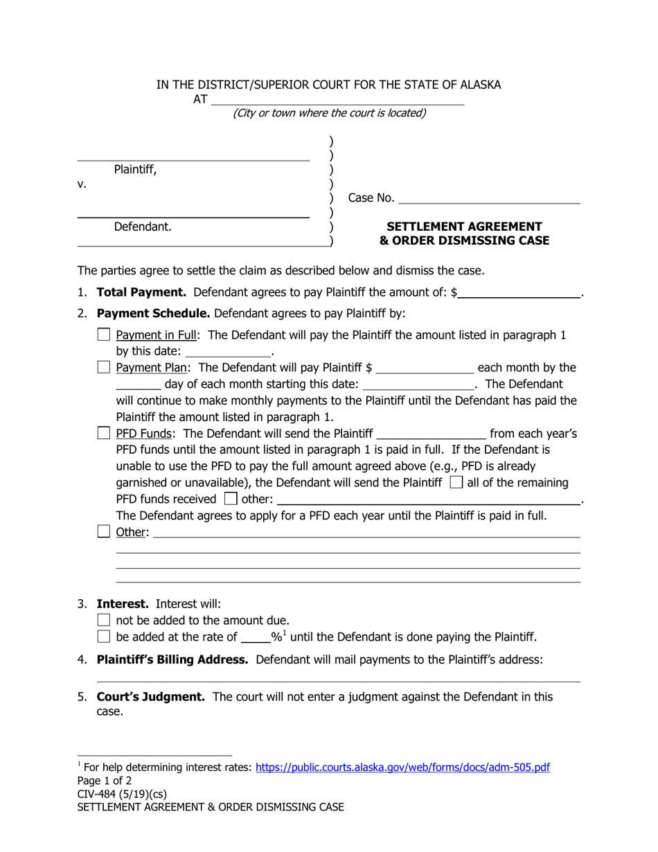 Form CIV-484 Settlement Agreement and Order Dismissing Case - Alaska, Page 1