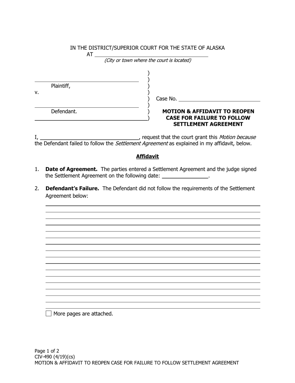 Form CIV-490 Motion and Affidavit to Reopen Case for Failure to Follow Settlement Agreement - Alaska, Page 1