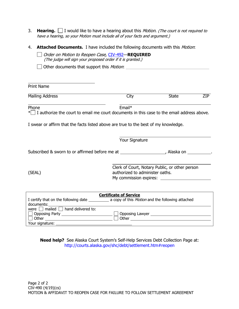 Form CIV-490 Motion and Affidavit to Reopen Case for Failure to Follow Settlement Agreement - Alaska, Page 2