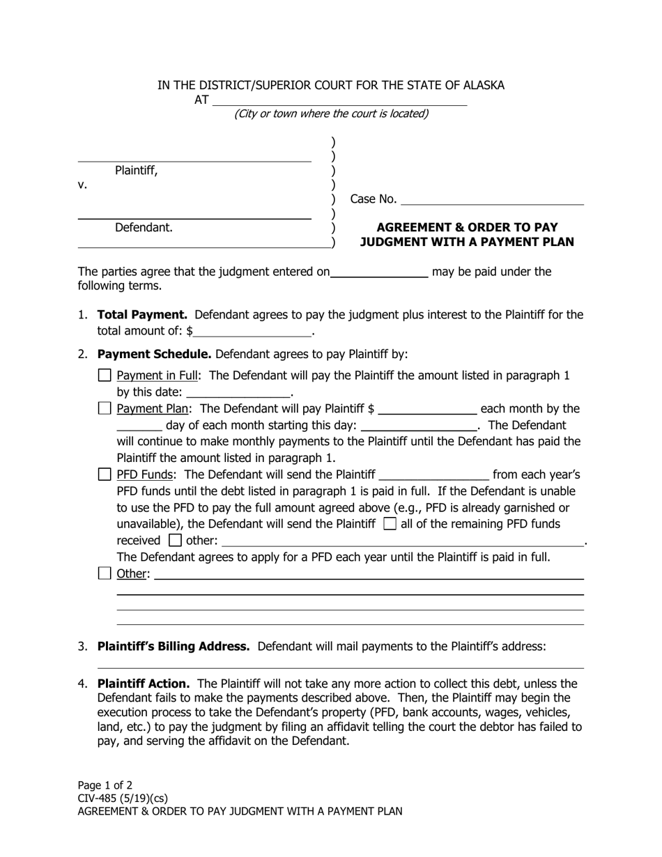 Form CIV-485 Agreement and Order to Pay Judgment With a Payment Plan - Alaska, Page 1