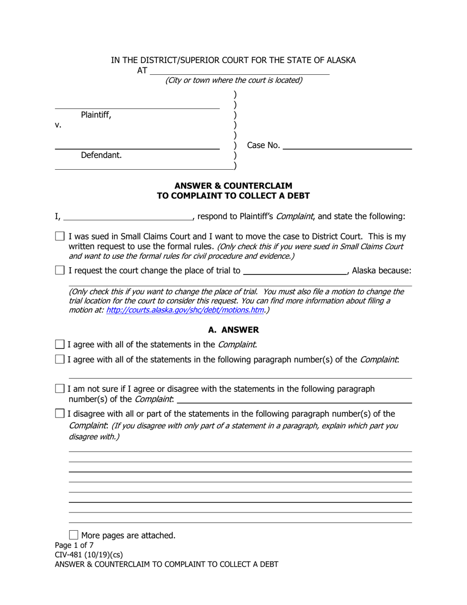 Form CIV-481 Answer and Counterclaim to Complaint to Collect a Debt - Alaska, Page 1