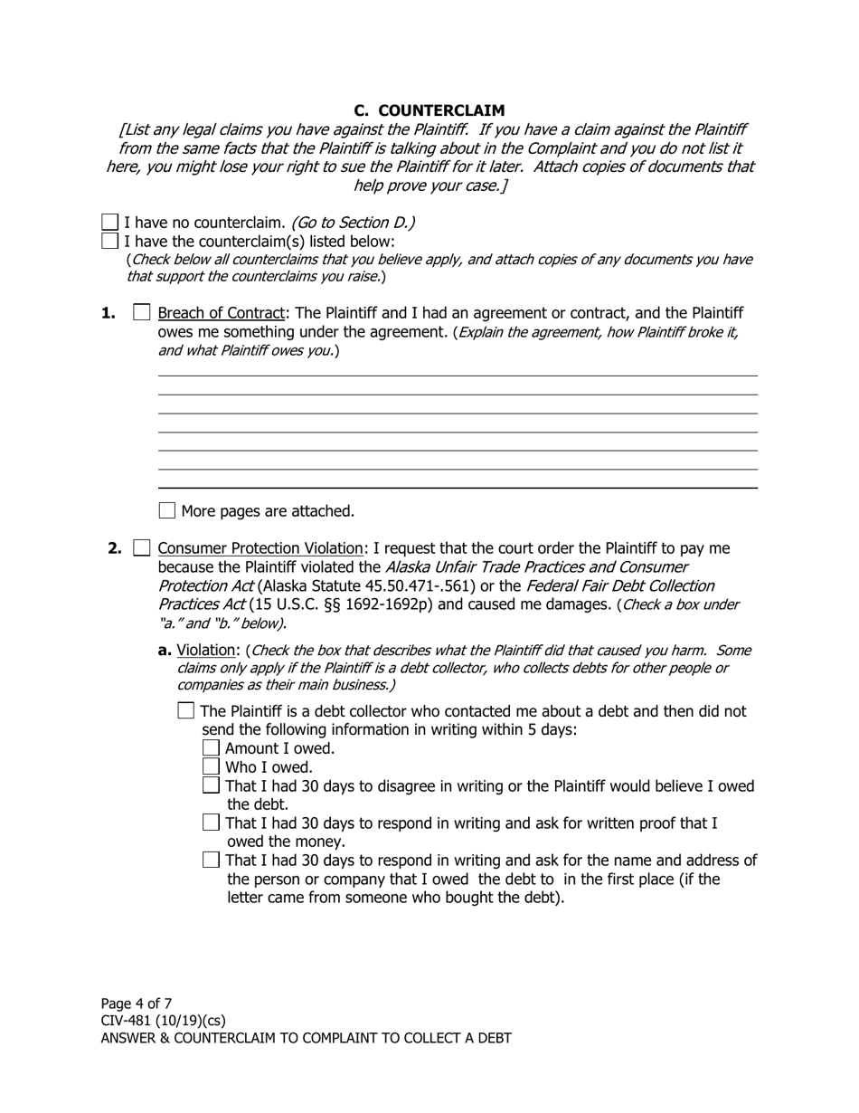 Form CIV-481 Answer and Counterclaim to Complaint to Collect a Debt - Alaska, Page 4