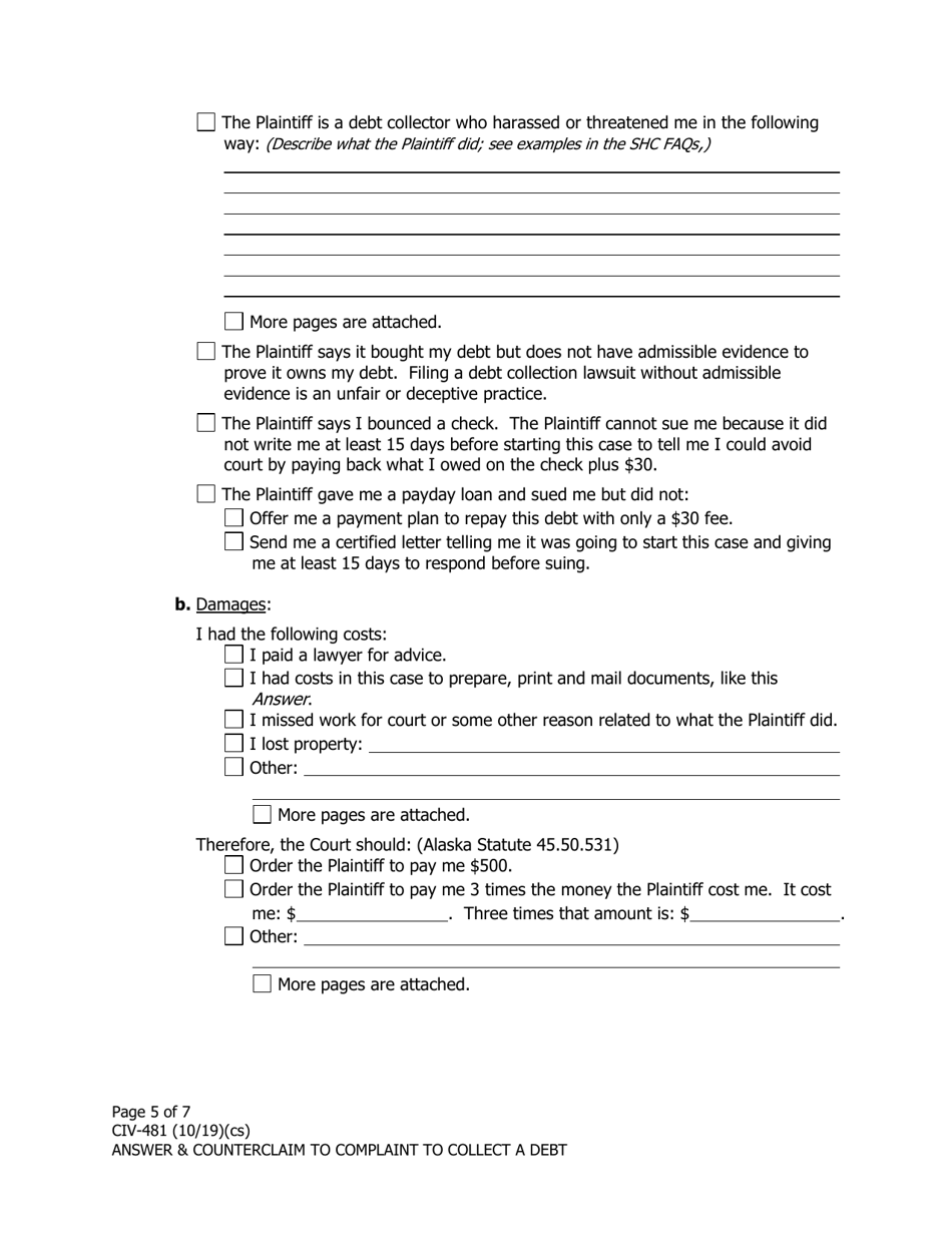 Form CIV-481 Answer and Counterclaim to Complaint to Collect a Debt - Alaska, Page 5