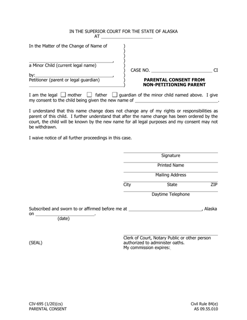 Form CIV-695 Parental Consent From Non-petitioning Parent - Alaska