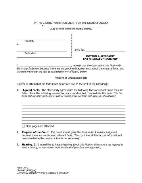 Form CIV-840 Motion & Affidavit for Summary Judgment - Alaska