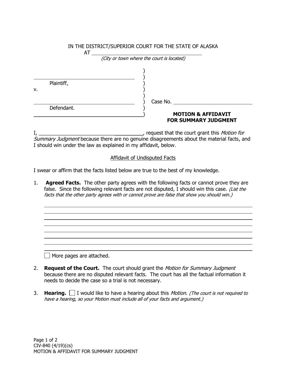 Form CIV-840 Motion  Affidavit for Summary Judgment - Alaska, Page 1