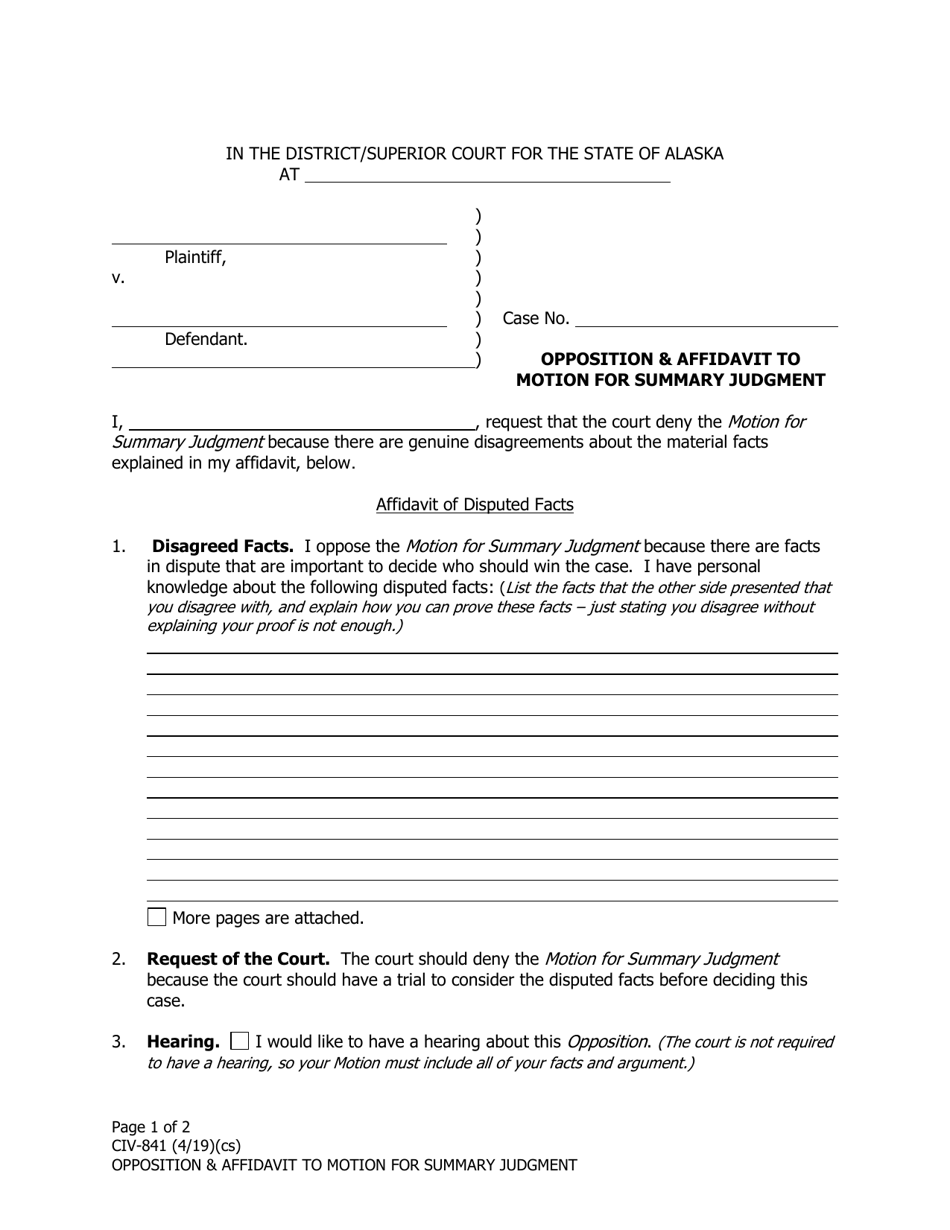 Form CIV-841 Opposition  Affidavit to Motion for Summary Judgment - Alaska, Page 1