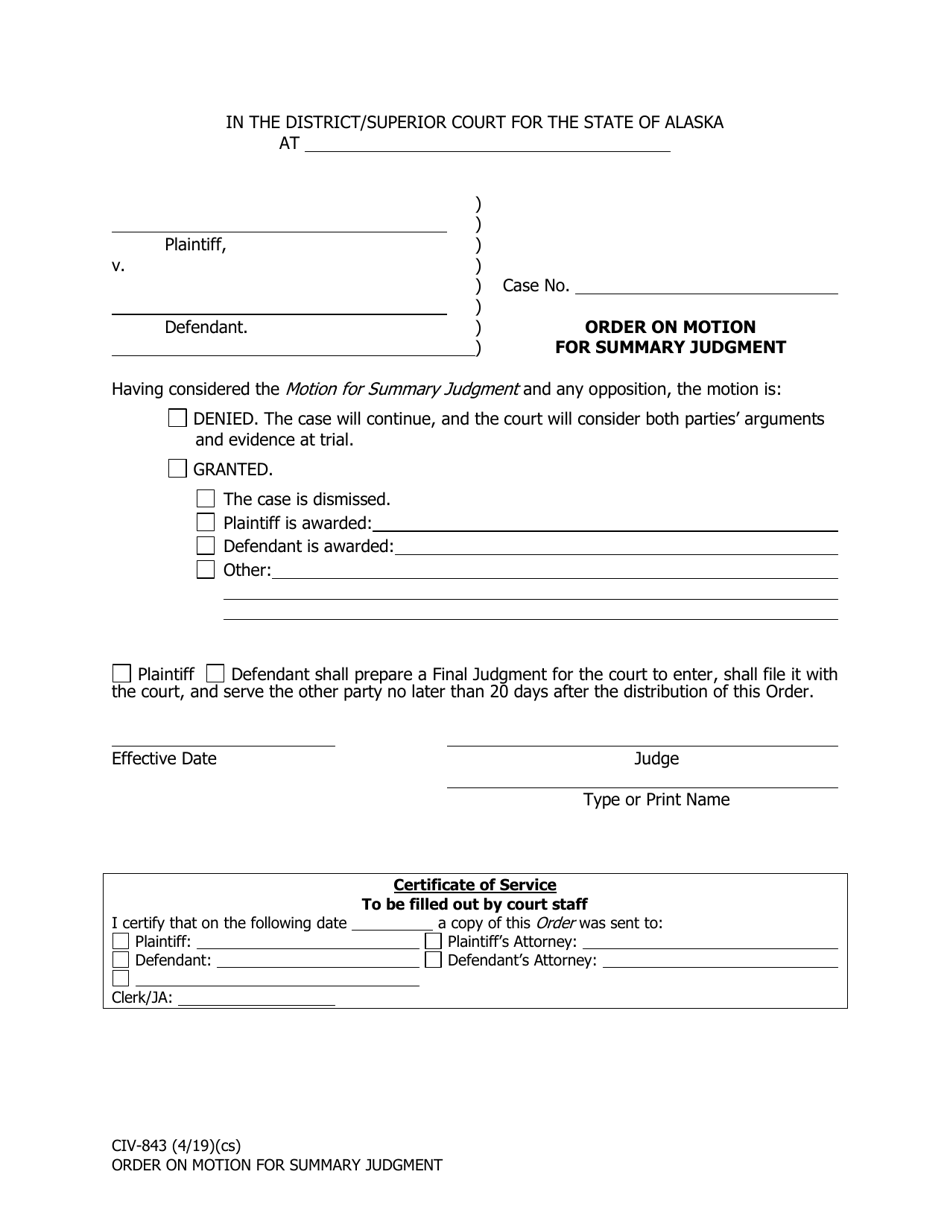 Form CIV-843 Order on Motion for Summary Judgment - Alaska, Page 1