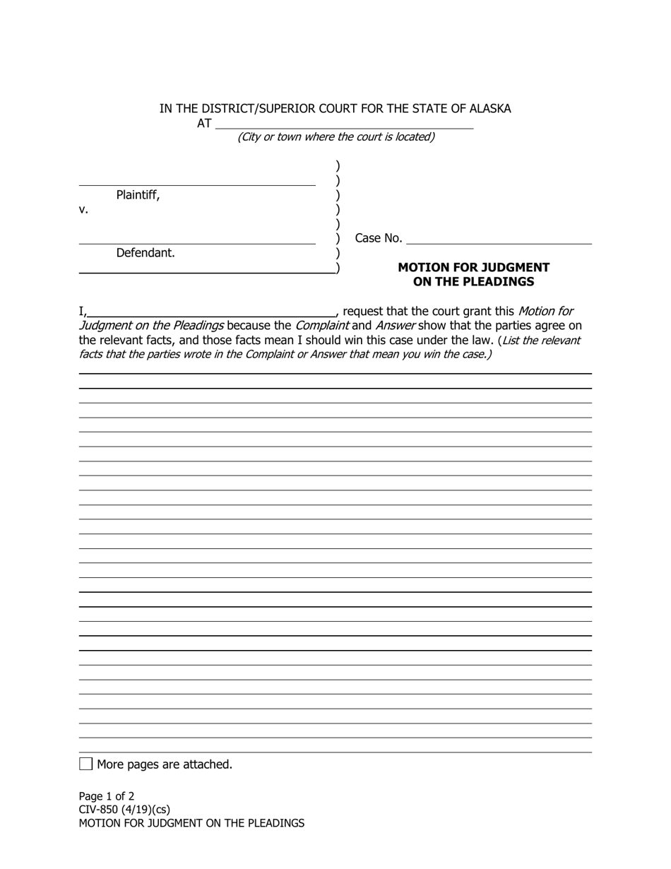 Form CIV-850 Motion for Judgment on the Pleadings - Alaska, Page 1