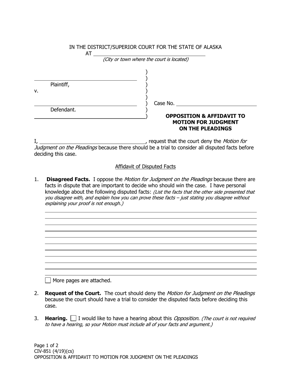 Form CIV-851 Opposition  Affidavit to Motion for Judgment on the Pleadings - Alaska, Page 1