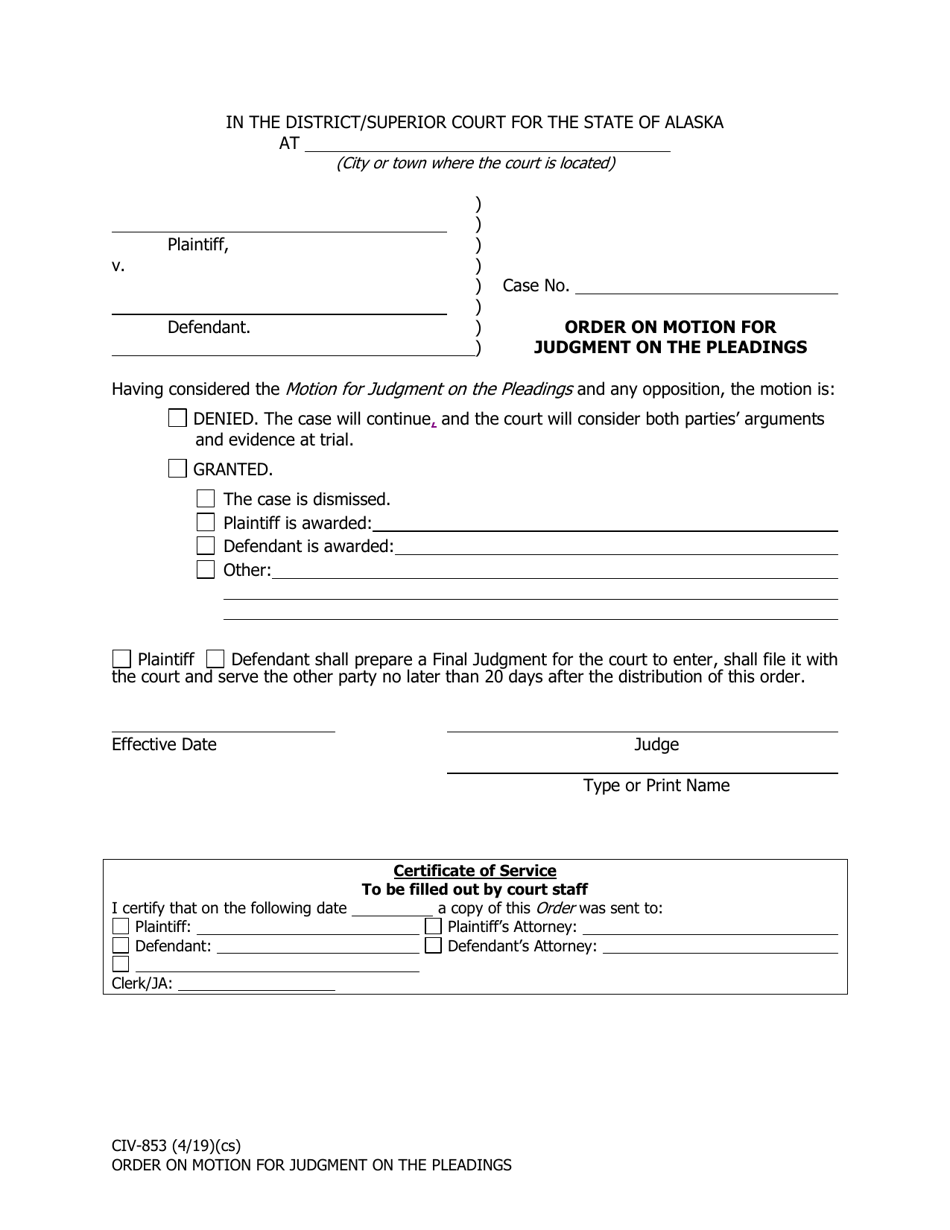 Form CIV-853 Order on Motion for Judgment on the Pleadings - Alaska, Page 1