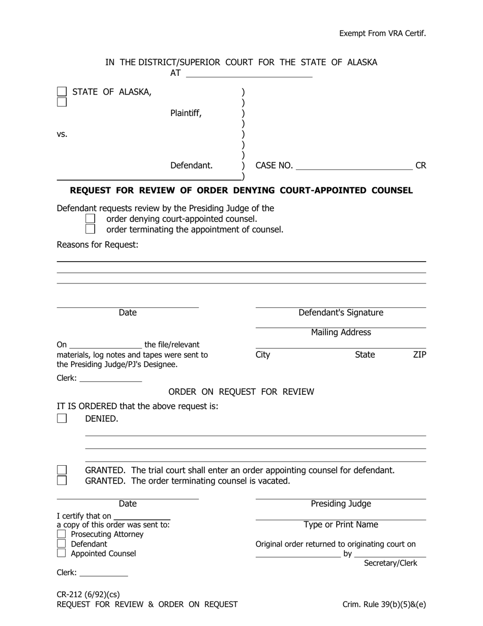 Form CR-212 Request for Review of Order Denying Court-Appointed Counsel - Alaska, Page 1