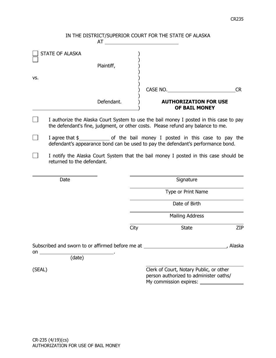 Form CR-235 Authorization for Use of Bail Money - Alaska, Page 1