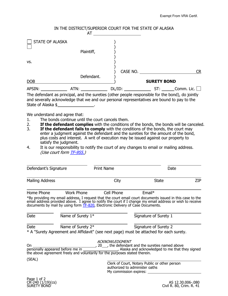 Form CR-240 Surety Bond - Alaska, Page 1