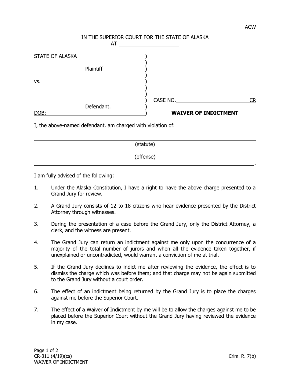 Form CR-311 Waiver of Indictment - Alaska, Page 1