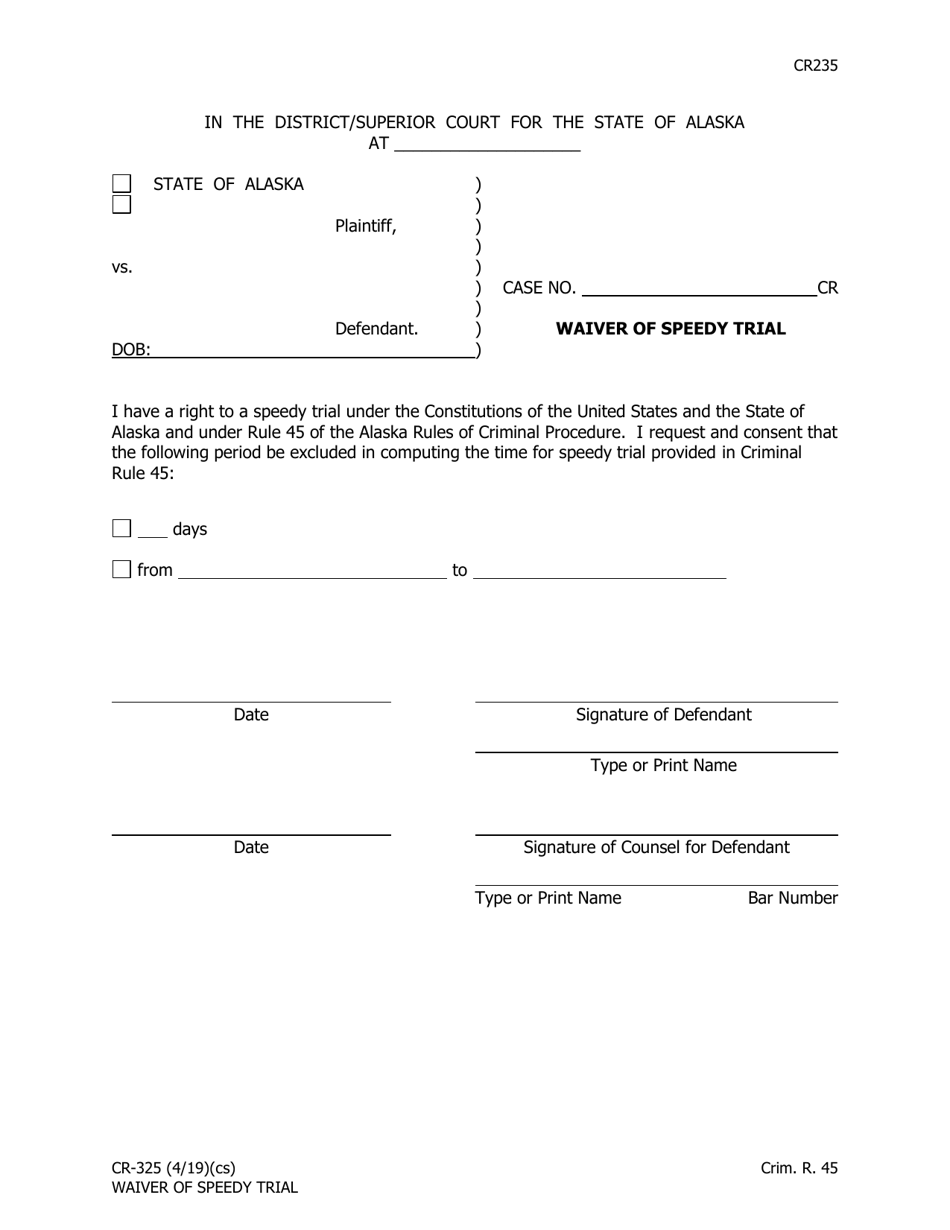 Form CR-325 Waiver of Speedy Trial - Alaska, Page 1