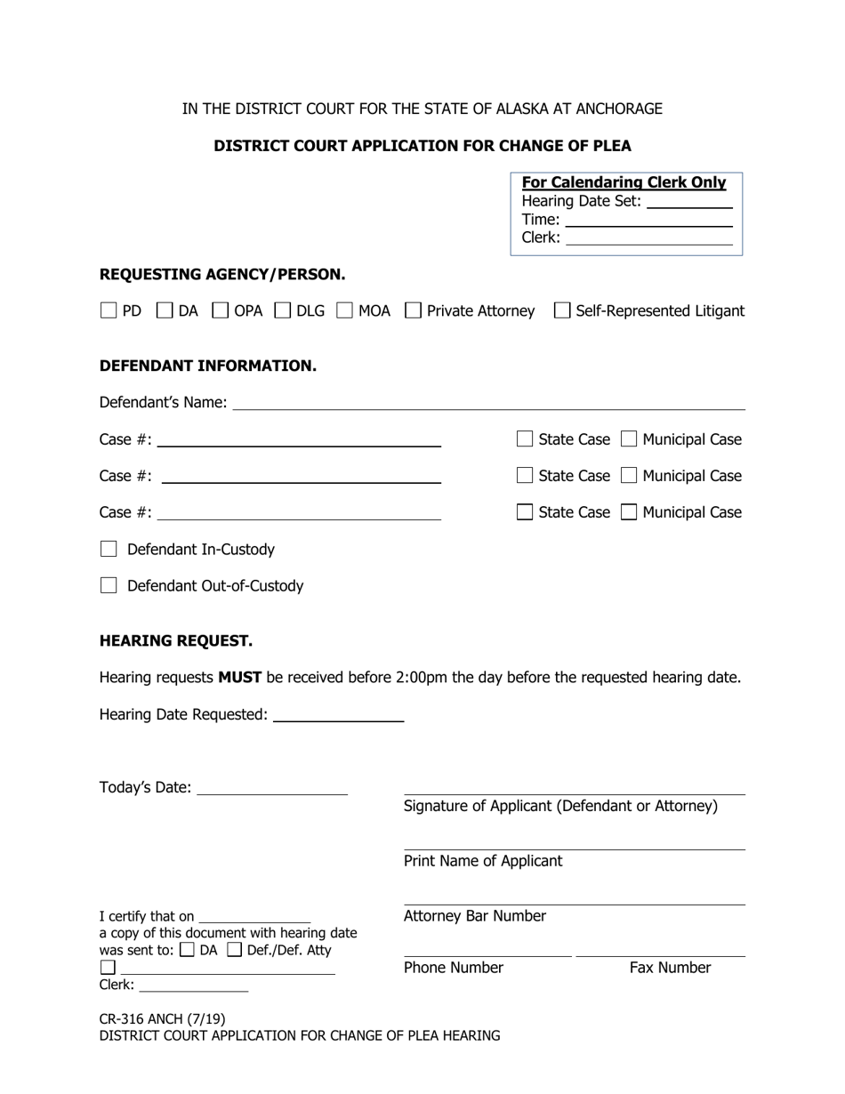 Form CR-316 District Court Application for Change of Plea Hearing - Anchorage, Alaska, Page 1