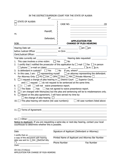 Form CR-316 Application for Change of Plea Hearing (Statewide) - Alaska