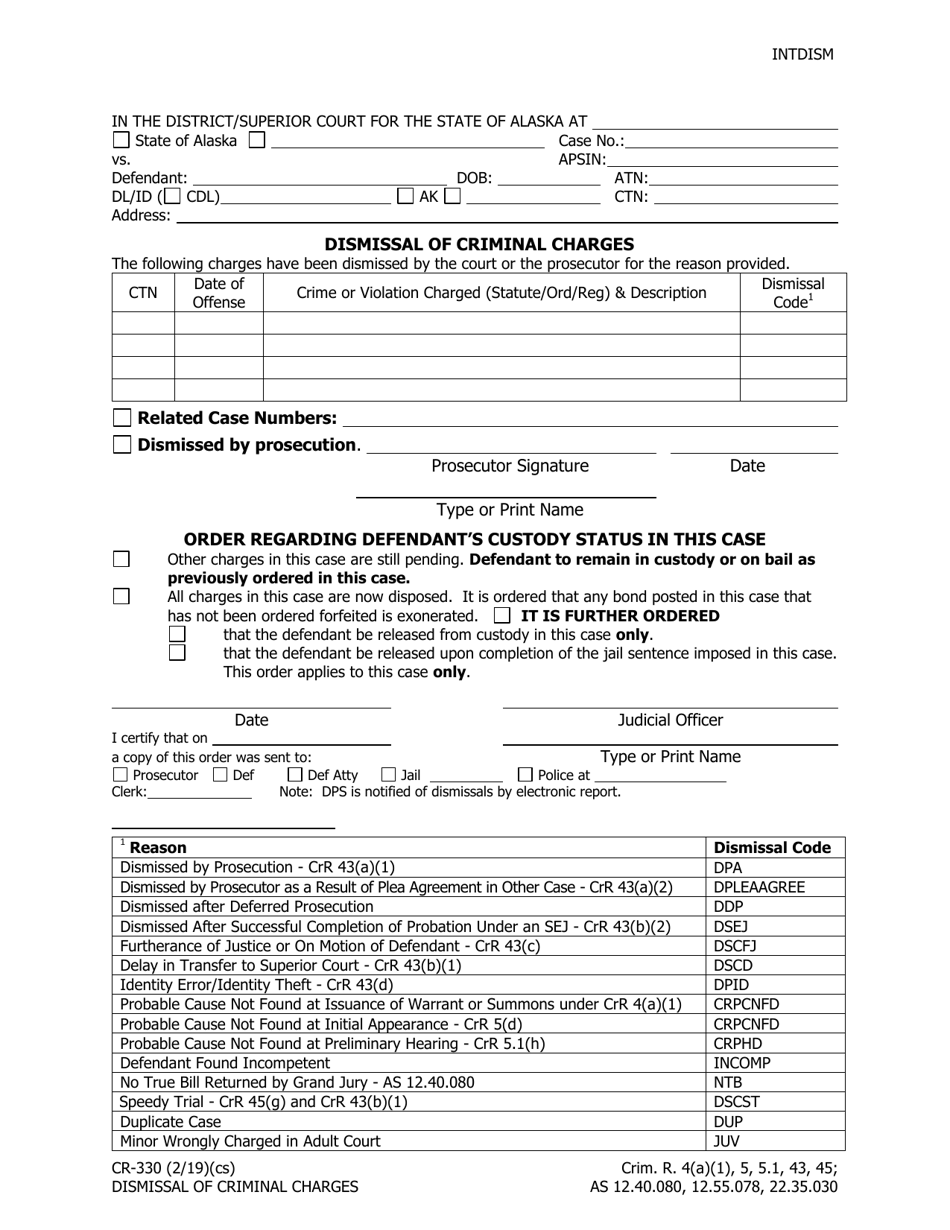 Form CR-330 Dismissal of Criminal Charges - Alaska, Page 1