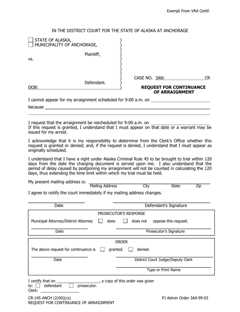 Form CR-145 ANCH Request for Continuance of Arraignment - Municipality of Anchorage, Alaska
