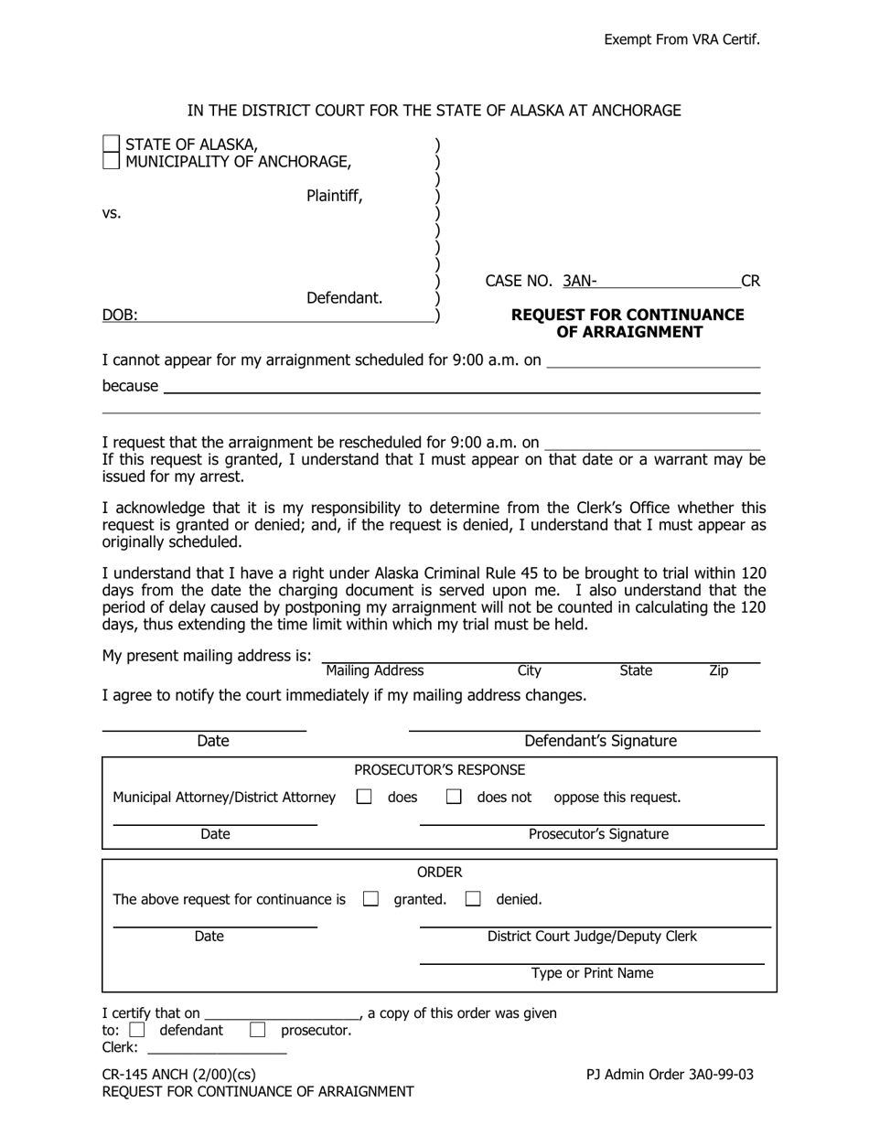 Form CR-145 ANCH Request for Continuance of Arraignment - Municipality of Anchorage, Alaska, Page 1