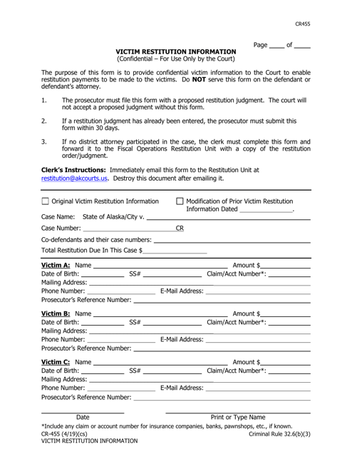 Form CR-455 Victim Restitution Information With Continuation Sheet - Alaska