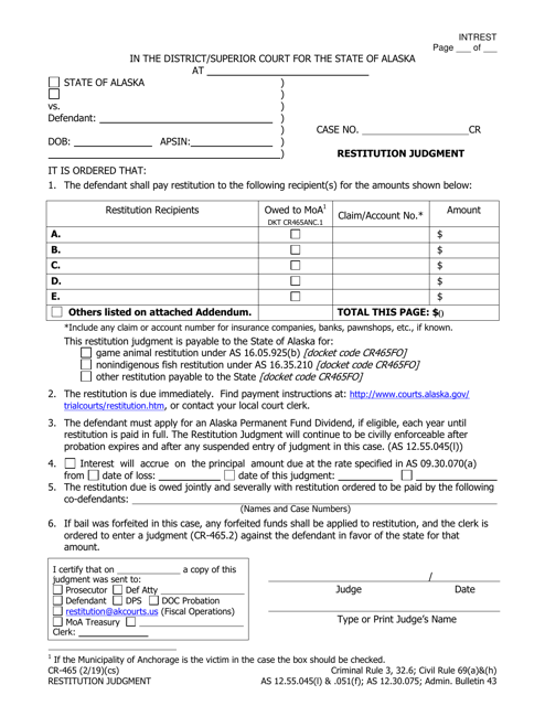 Form CR-465 Restitution Judgement - Alaska