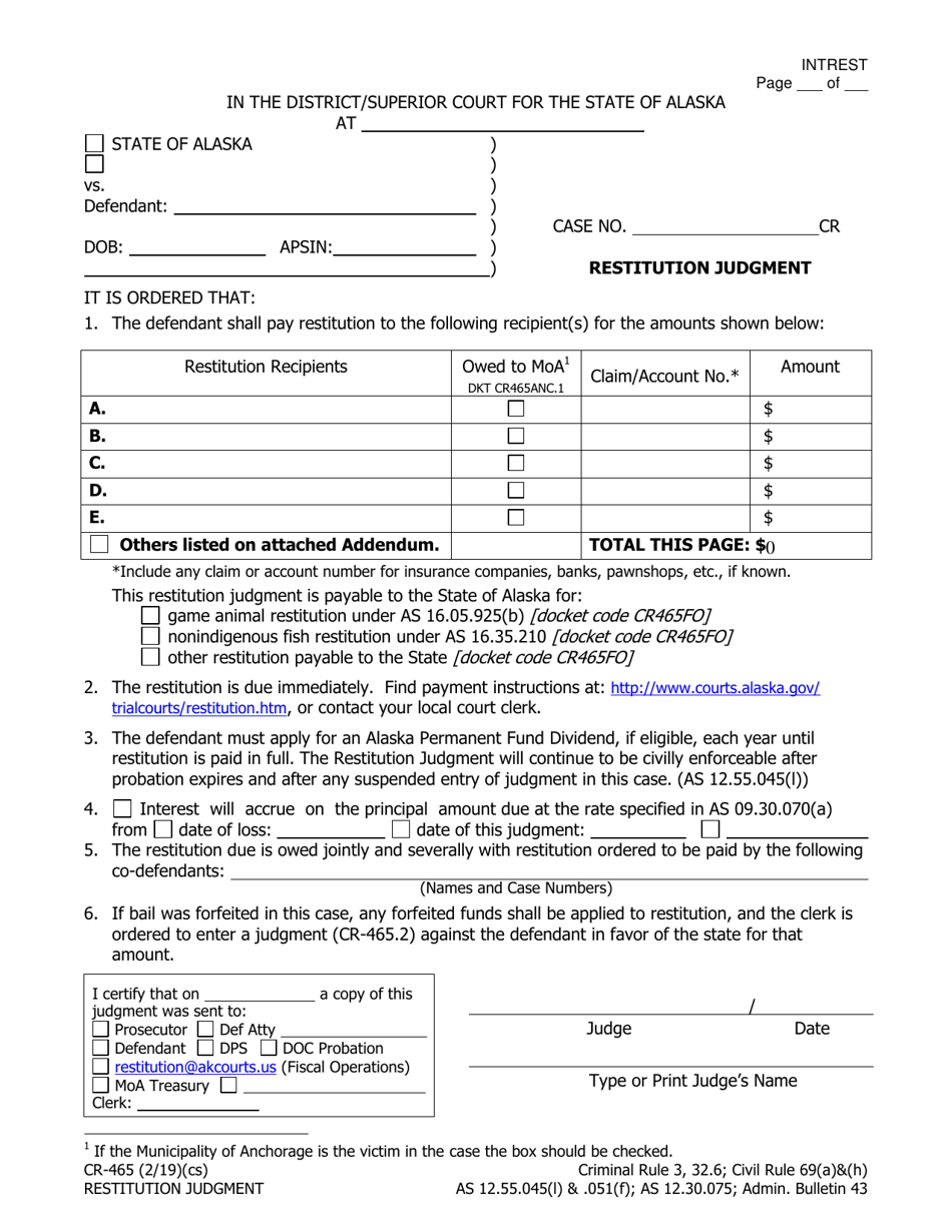 Form CR-465 Restitution Judgement - Alaska, Page 1