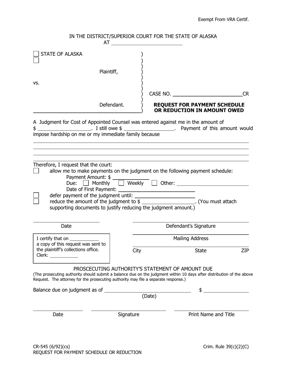 Form CR-545 Request for Payment Schedule or Reduction in Amount Owed - Alaska, Page 1