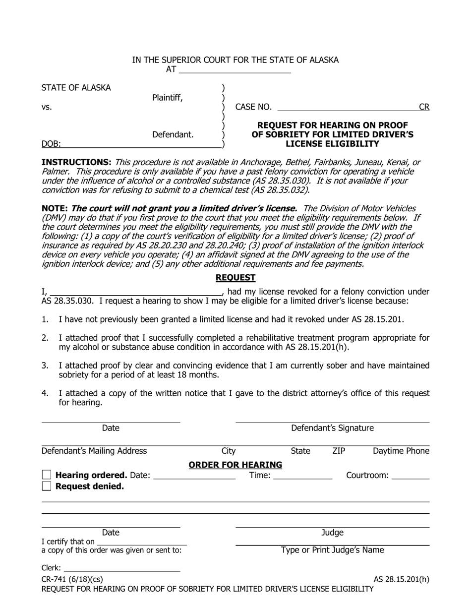 Form CR-741 Request for Hearing on Proof of Sobriety for Limited Drivers License Eligibility - Alaska, Page 1