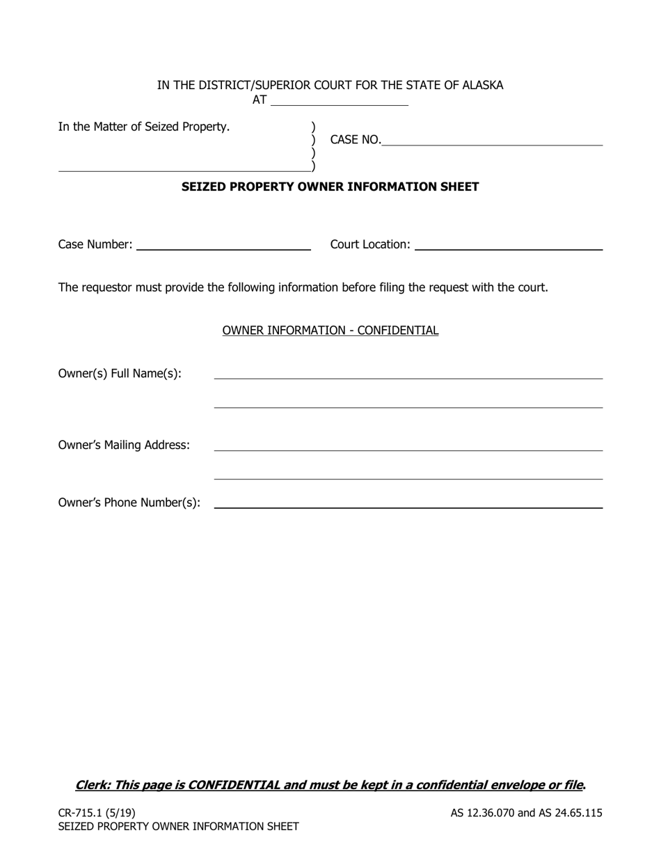 Form CR-715.1 Seized Property Owner Information Sheet - Alaska, Page 1