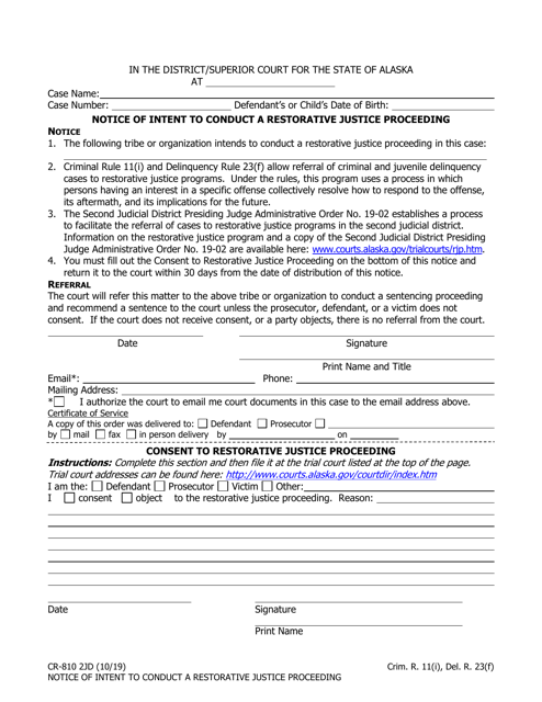 Form CR-810 2JD Notice of Intent to Conduct a Restorative Justice Proceeding - Alaska