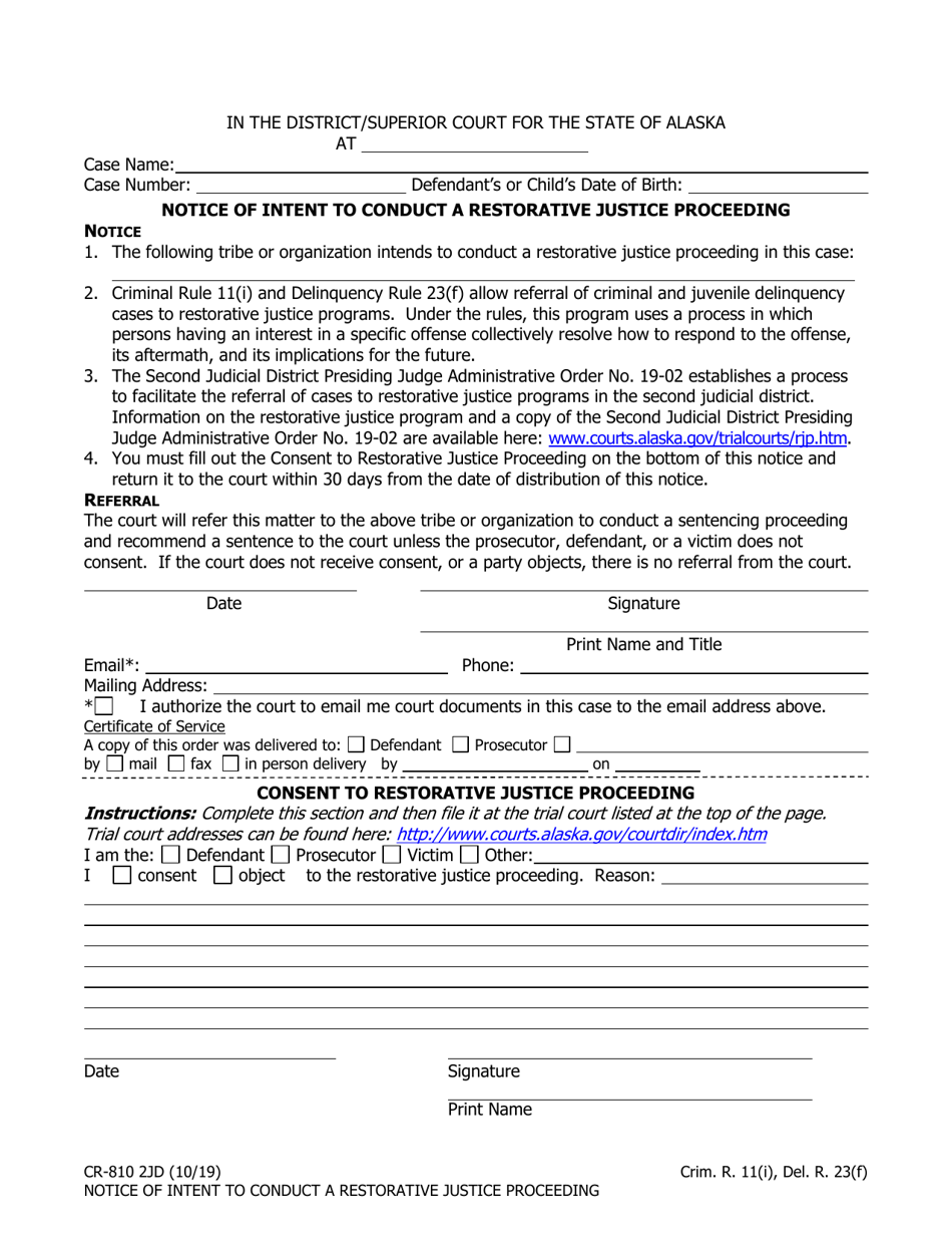 Form CR-810 2JD Notice of Intent to Conduct a Restorative Justice Proceeding - Alaska, Page 1