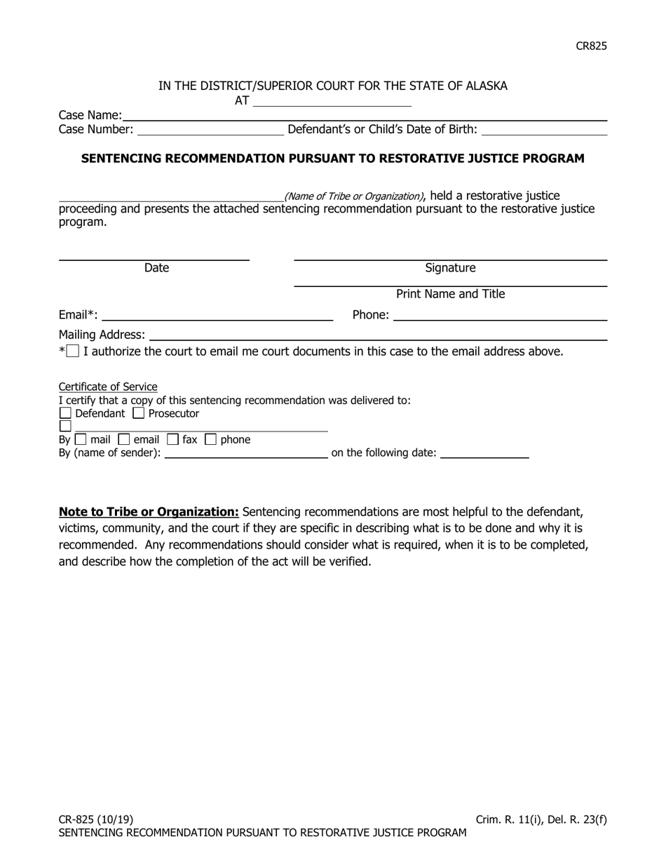 Form CR-825 Sentencing Recommendation Pursuant to Restorative Justice Program - Alaska, Page 1