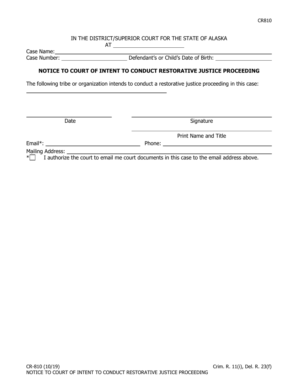Form CR-810 Notice to Court of Intent to Conduct Restorative Justice Proceeding - Alaska, Page 1