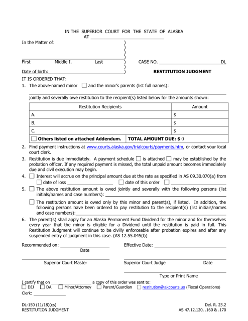 Form DL-150 Restitution Judgement - Alaska