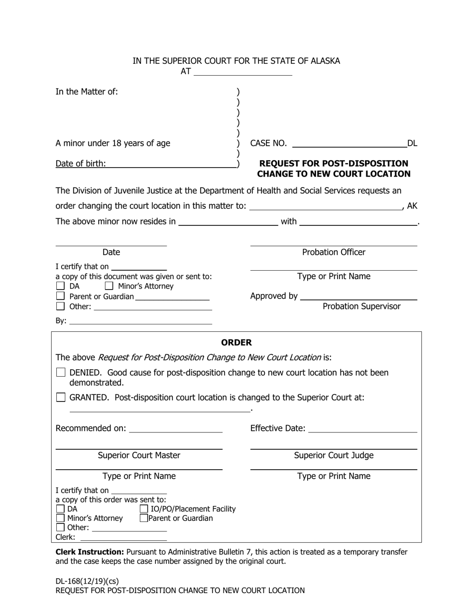 Form DL-168 Request for Post-disposition Change to New Court Location - Alaska, Page 1