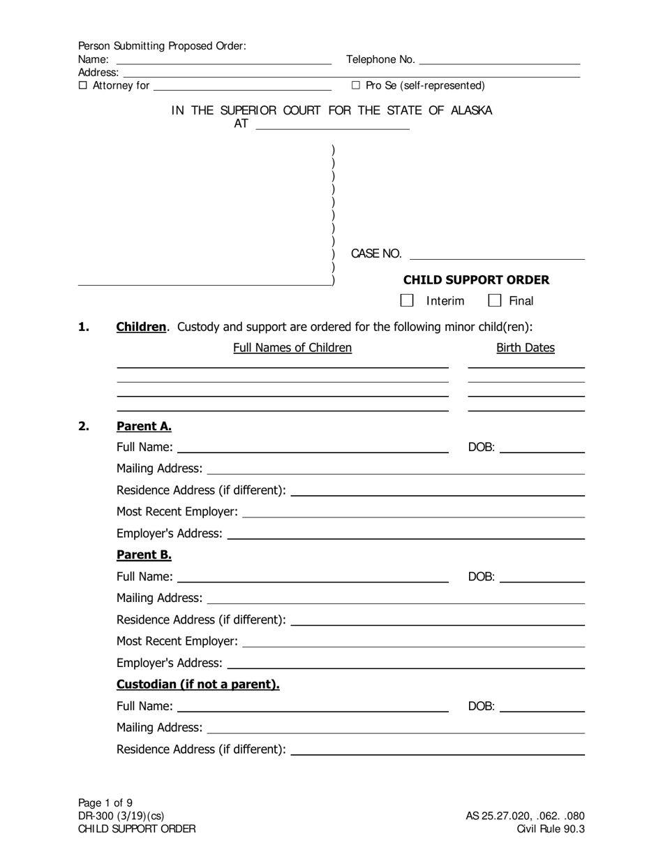 Form DR-300 Child Support Order - Alaska, Page 1