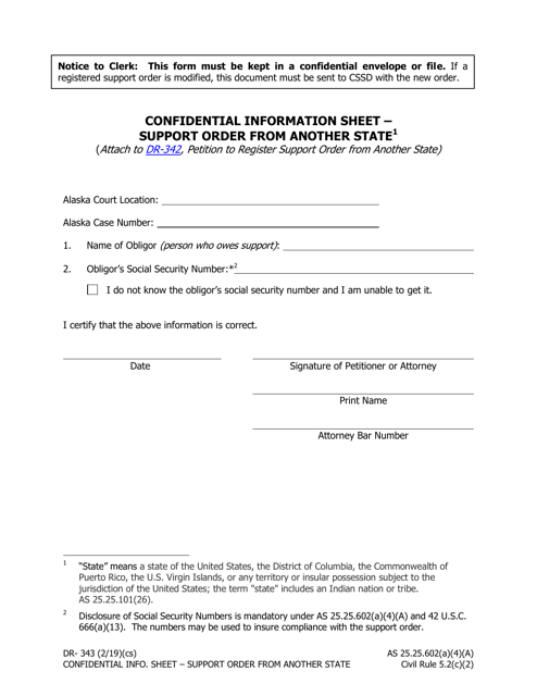 Form DR-343 Confidential Information Sheet - Support Order From Another State - Alaska