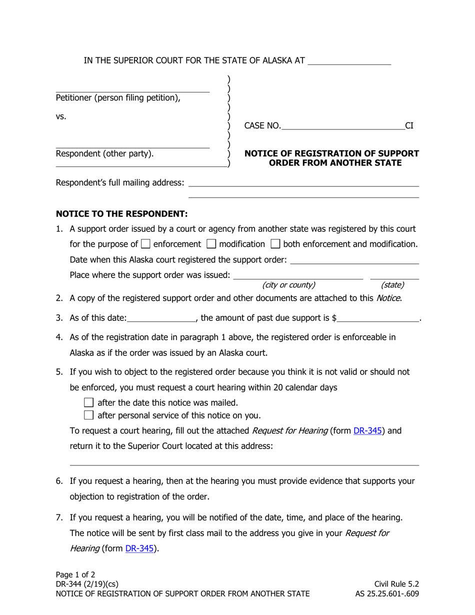 Form DR-344 Notice of Registration of Support Order From Another State - Alaska, Page 1