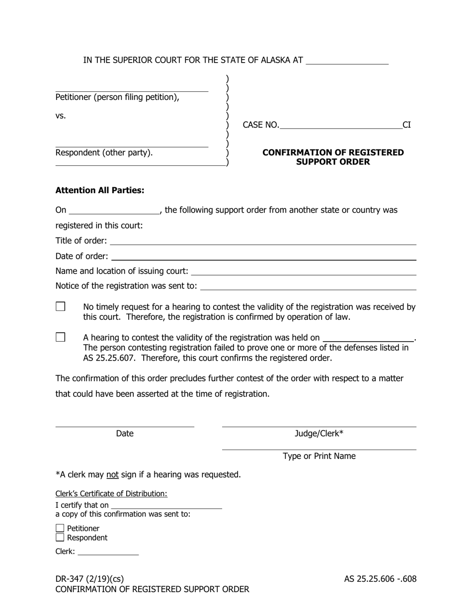Form DR-347 Confirmation of Registered Support Order - Alaska, Page 1