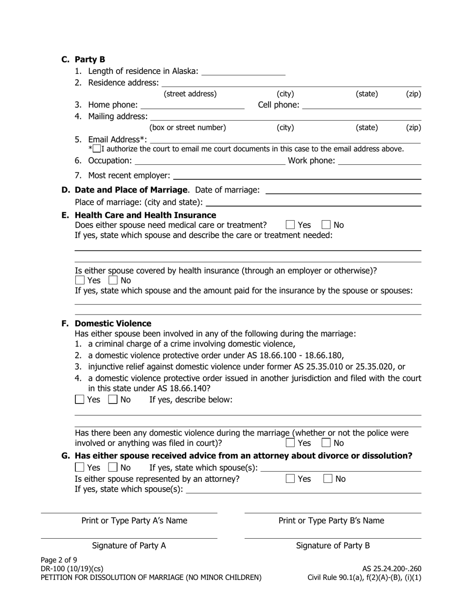 Form DR-100 Petition for Dissolution of Marriage (No Minor Children) - Alaska, Page 2