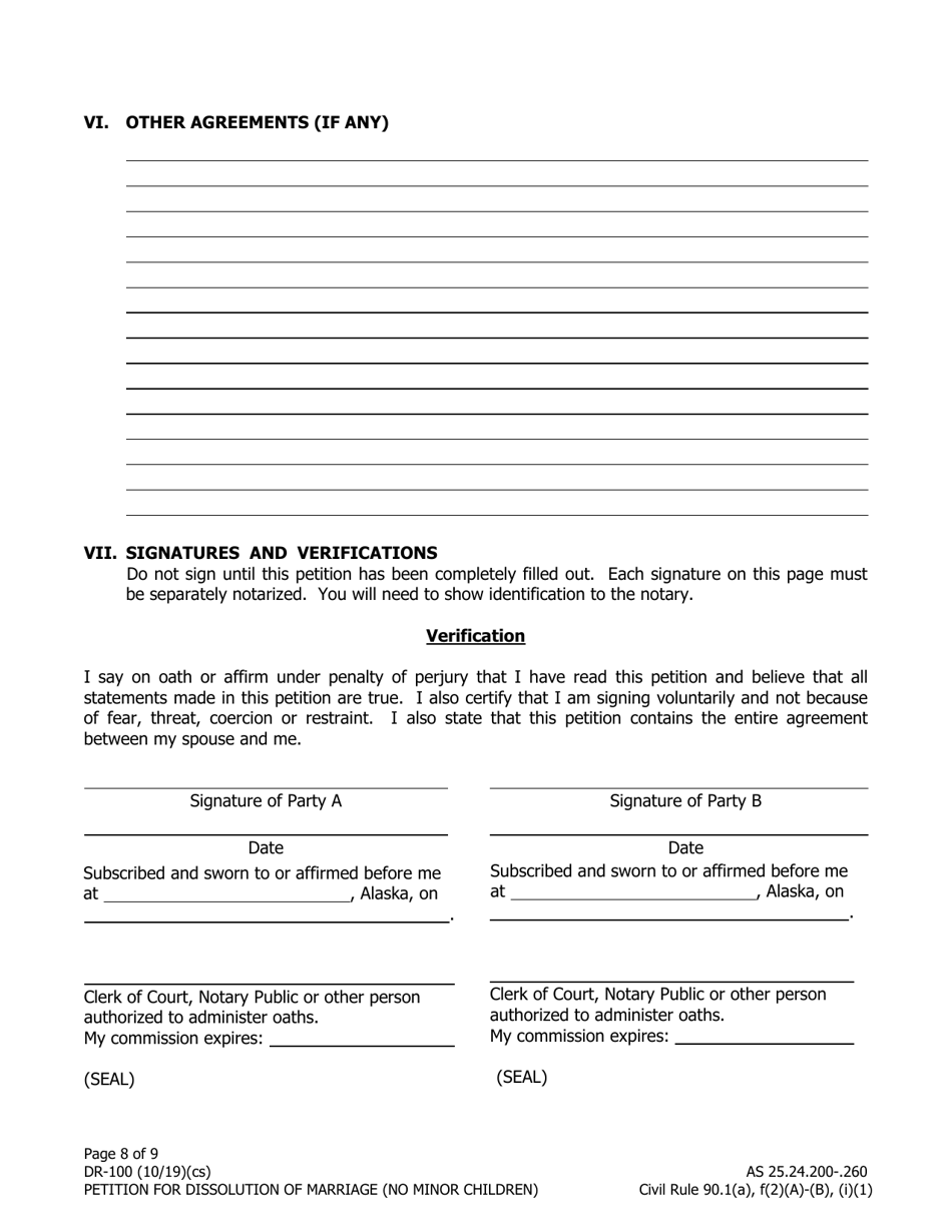 Form DR-100 Petition for Dissolution of Marriage (No Minor Children) - Alaska, Page 8